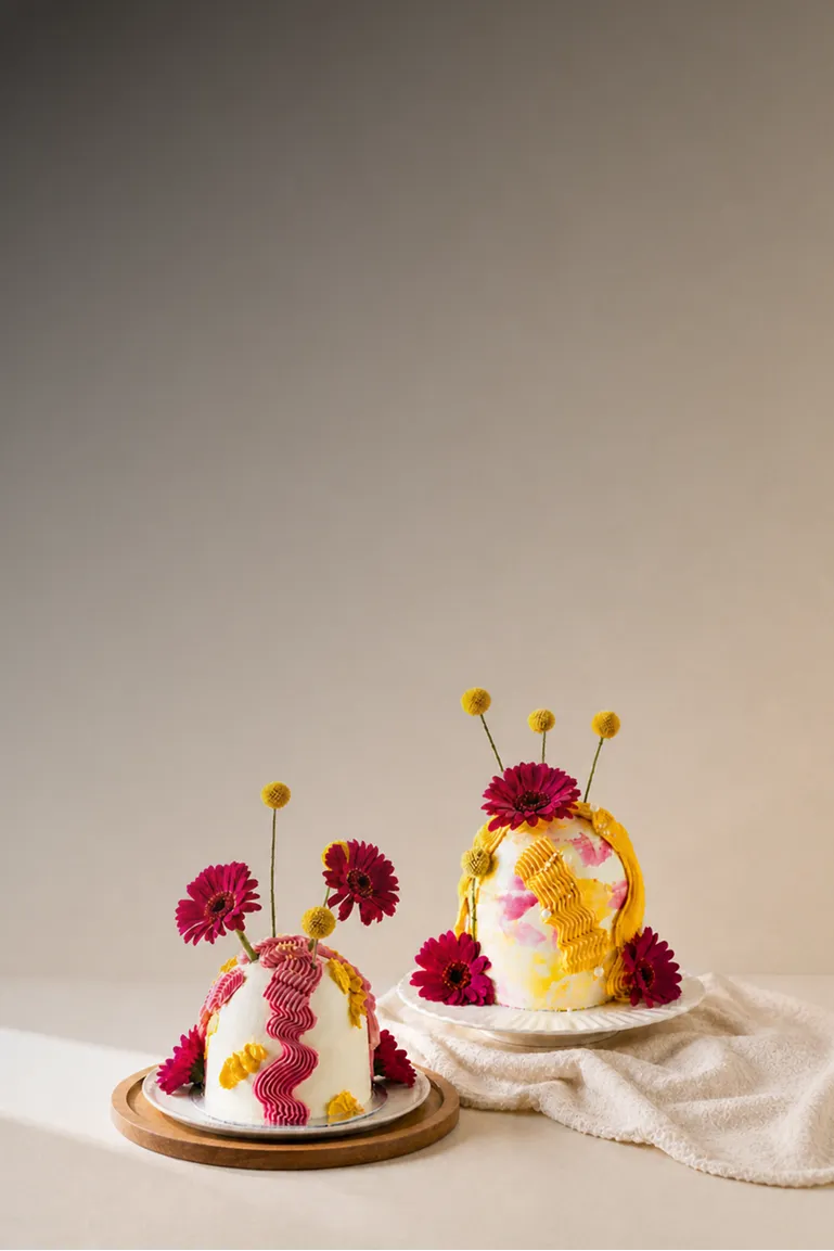 Two custom cakes decorated with pink and yellow flowers
